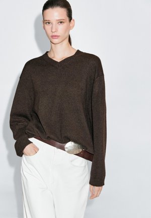Massimo Dutti OVERSIZE CASHMERE V-NECK - Trui - mottled dark brown