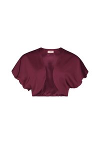 Kurze burgunderrote satinierte Jacke mit weiten Ärmeln und offener Vorderseite, die eine glatte Textur und einen minimalistischen Stil aufweist.