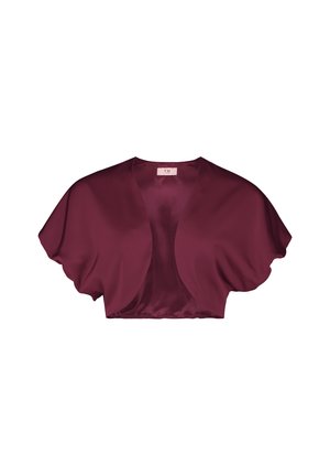 Giacca cropped satin bordeaux con maniche larghe e design aperto, caratterizzata da una texture liscia e uno stile minimalista.