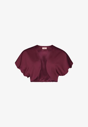 Krótka bordowa satynowa kurtka z szerokimi rękawami i otwartym przodem, charakteryzująca się gładką teksturą i minimalistycznym stylem.