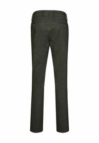 Dunkelgrüne, schmal geschnittene Hose aus strukturiertem Stoff. Verfügt über einen Bund, Gürtelschlaufen und zwei Gesäßtaschen mit Metallknöpfen.