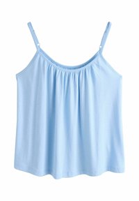 Light blue sleeveless camisole with a round neckline, gathered front detail, and soft cotton fabric. Adjustable thin straps.