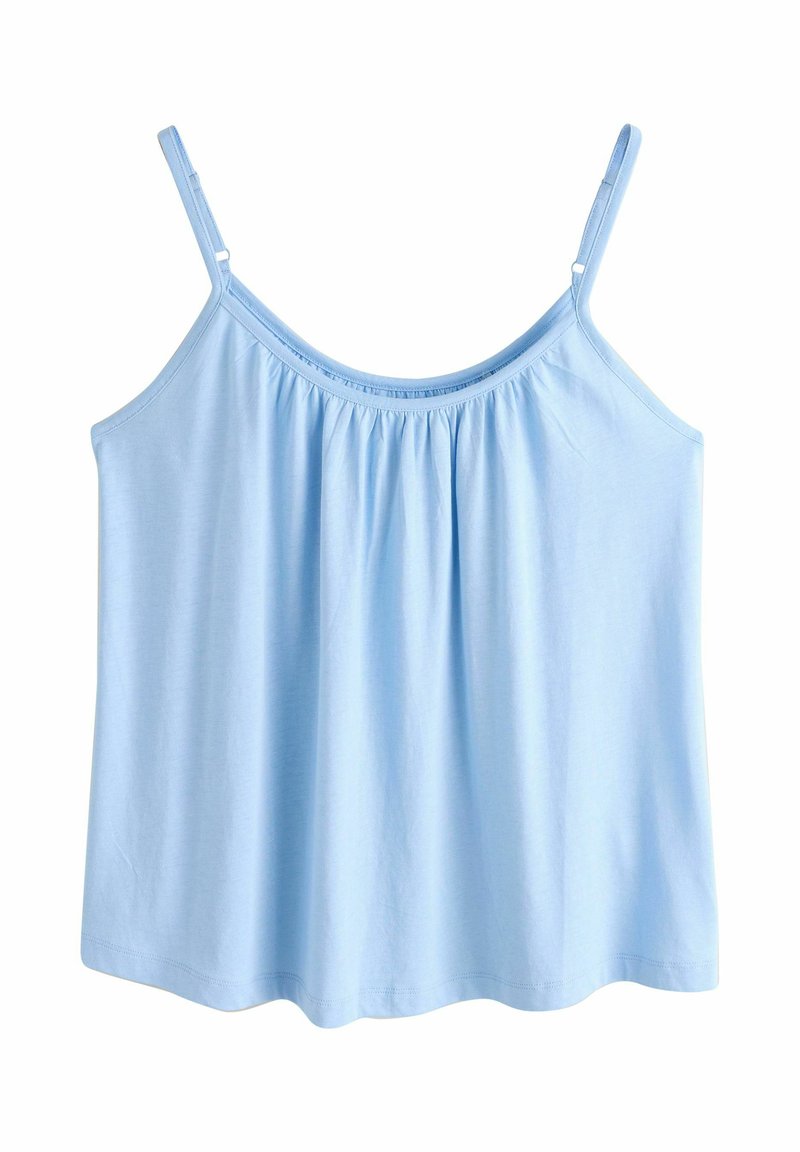 Light blue sleeveless camisole with a round neckline, gathered front detail, and soft cotton fabric. Adjustable thin straps.