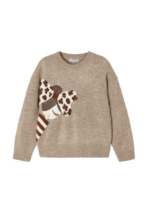 Maglione lavorato a maglia in beige con una vestibilità ampia. Presenta un design di cono gelato marrone e crema con dettagli in stampa animale sul cono.