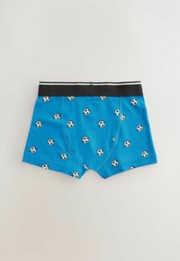 Blå bomullskalsonger med svart midjeband, med ett upprepande mönster av svarta och vita fotbollar. Slät textur och smal passform.