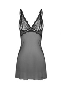 Czarna nocna koszula z koronką i przezroczystym materiałem, z dekoltem w serek, regulowanymi ramiączkami oraz falbaniastymi brzegami, z dopasowanym gorsetem i zwiewnym dołem.