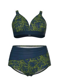 To-delt badedragt med grønne og marineblå tropiske bladmotiver, med en top med V-hals og stropper samt højtaljede, rynkede underdele.