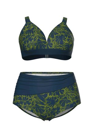 Kaksiosainen uimapuku, jossa vihreä ja tummansininen trooppisten lehtien kuviointi, V-kaula-aukollinen yläosa hihnoilla ja korkeavyötäröiset röyhelöidyt alaosat.