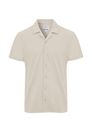 Camicia beige a maniche corte con bottoni, vestibilità regolare e colletto classico, mostrata su sfondo bianco.