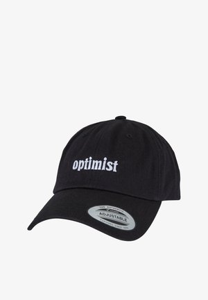 Sort bomulds baseballcap med "optimist" broderet i hvid. Har en buet skygge og justerbar rem til tilpasning af størrelse.