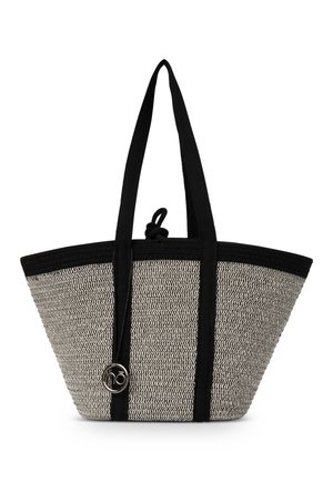 Sac cabas tissé noir et blanc avec de longues poignées noires et un petit logo circulaire argenté près du bas au centre.