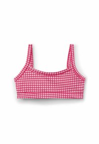 Červený a bílý kostkovaný crop top s úzkými nastavitelnými ramínky, který má přiléhavý střih a hladkou strukturu.