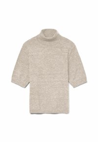 Lichtbeige coltrui, gemaakt van een zachte stof, met korte mouwen en een relaxte pasvorm. Eenvoudige, gladde textuur zonder patronen.