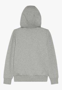 Sudadera gris con capucha, hecha de una tela suave. Presenta un dobladillo y puños acanalados. La vista trasera muestra un diseño simple y liso.