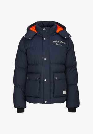 Marineblaues Steppjackett mit Kapuze, orangefarbener Innenfütterung, zwei Fronttaschen, Druckknöpfen und gerippten Bündchen; mit Logotext auf der Brust.