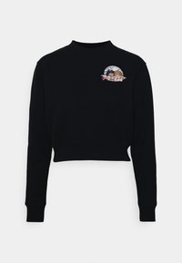 Sudadera negra recortada con mangas largas, con una impresión gráfica de una luna y personajes en el pecho. Textura de tela suave.