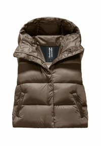 Giacca a vento marrone con cappuccio, design trapuntato, apertura con zip e tasche laterali. Realizzata in materiale morbido e lucido.