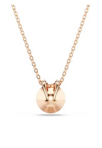 Náhrdelník z růžového zlata s kruhovým přívěskem a dvěma patkami, s hladkým povrchem a jemným designem řetízku.
