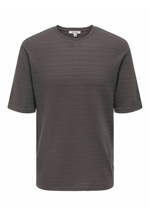 Dark gray short-sleeve crew neck t-shirt with subtle textured horizontal lines and a small brand tag inside the collar.