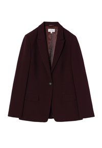 Tmavě burgundový blazer s klopovým límcem, zapínáním na jeden knoflík, dvěma předními kapsami a hladkou podšívkou. Přiléhavý střih.