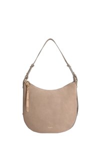 Morbida borsa a tracolla in camoscio beige con forma curva, tracolla regolabile, dettaglio con zip laterale e logo discreto nella parte inferiore.
