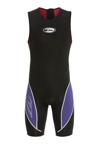 Black wetsuit with a sleeveless design, featuring purple side panels and white accent stitching. Includes a logo on the chest and a back closure.