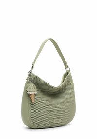 Light green perforated handbag with a single shoulder strap and a decorative ice cream keychain attached. Smooth texture, curved shape.