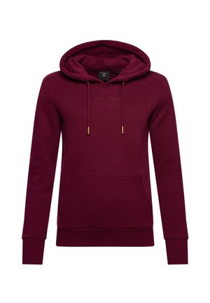 Sweat à capuche bordeaux à enfiler, poche kangourou frontale, cordon de serrage avec embouts dorés, et logo "SuperDry" subtilement brodé sur la poitrine.