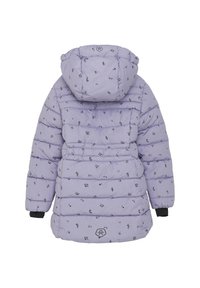 Lavanda puf jakna s cvjetnim uzorkom, s kapuljačom i elastičnom strukom. Kvadrični dizajn, crni detalji na manžetama i logo.