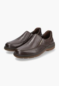Brown leather slip-on shoes with a rounded toe, elastic side accents, stitching detail, and a flexible rubber sole.