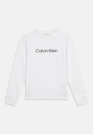 Hanorac alb cu mâneci lungi și gât rotund, cu inscripția „Calvin Klein” în negru, centrată pe piept, manșete și talie ribbate.