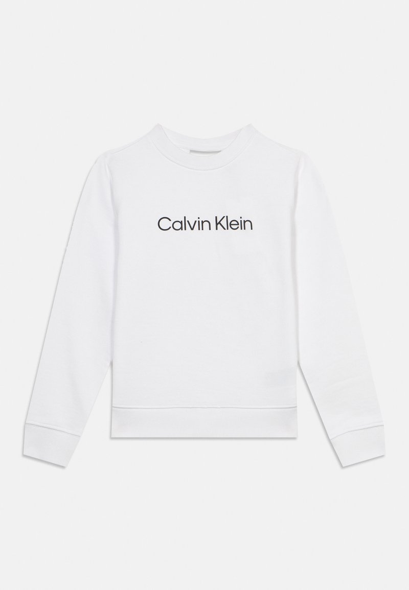 Λευκό μακρυμάνικο φούτερ με στρογγυλή λαιμόκοψη και την επιγραφή "Calvin Klein" σε μαύρο, κεντραρισμένη στο στήθος, με ριμπ μανσέτες και ζώνη μέσης.