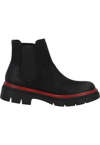 Botas negras de tobillo con un acabado texturizado, paneles laterales elásticos y una suela de goma gruesa con una franja roja a lo largo de la mediopie.