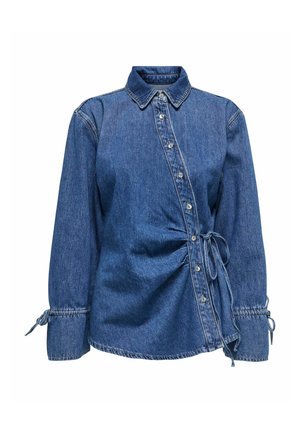 Denim shirt with long sleeves, collar, full front button closure, waist tie, and gathered detail on one side. Blue color with a soft texture.