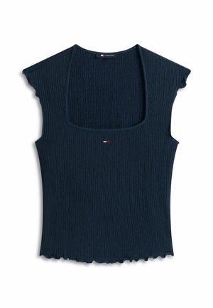 Marineblå ribstrikket top med korte ærmer, firkantet halsudskæring og lille rød, hvid og blå Tommy Jeans-logo på brystets midte.