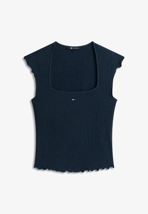 Marineblauw geribd topje met korte mouwen, een vierkante halslijn en een klein Tommy Jeans-logo in rood, wit en blauw midden op de borst.