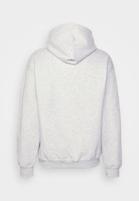 Felpa grigia chiara con cappuccio, maniche lunghe, polsini e bordo a coste, mostrata di spalle su uno sfondo semplice.