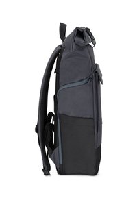 Gray roll-top backpack featuring a textured outer material, adjustable straps, and a side zip pocket with a contrasting black base.