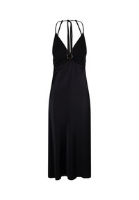 Robe maxi noire avec un décolleté en V plongeant, des bretelles réglables et un accent circulaire au niveau de la poitrine. Fabriquée en tissu lisse et extensible.