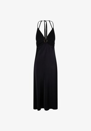 Vestido largo negro con un profundo escote en V, tirantes ajustables y un acento circular en el busto. Hecho de una tela suave y elástica.