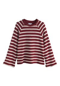 Maglione a righe rosse e crema con scollo rotondo, maniche lunghe e texture morbida. Caratterizzato da una vestibilità comoda e un design con maniche raglan.