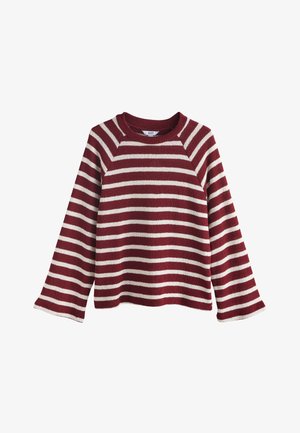 Rdeč in kremasto črtast pulover z okroglim izrezom, dolgimi rokavi in mehko teksturo. Ima sproščen kroj in raglan rokave.