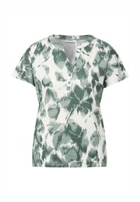 Top de manga corta verde y blanco con un patrón, escote en V y tres botones. Tejido suave con un diseño fluido que recuerda al follaje.