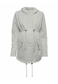 Světle šedá bunda s kapucí, stahovací pas, elastické manžety a dvě přední kapsy. Hladký povrch, neformální design vhodný na vrstvení.