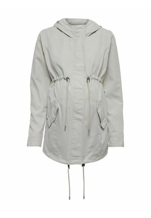 Lys grå hettejakke med snor i midjen, elastiske mansjetter og to frontlommer. Glatt tekstur, uformell design som passer for lag-på-lag.