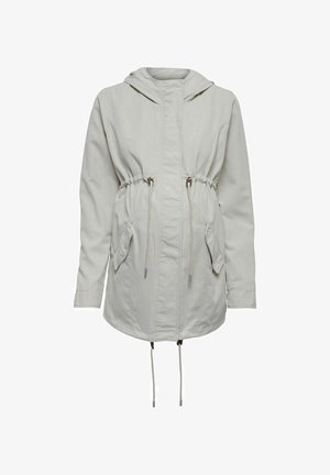Lys grå hettejakke med snor i midjen, elastiske mansjetter og to frontlommer. Glatt tekstur, uformell design som passer for lag-på-lag.
