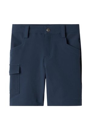 Marineblå herreshorts med bæltestropper, forreste knap, sidelommer og en cargolomme på venstre lår.