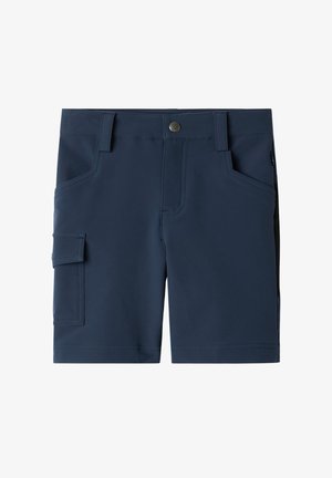 Marineblå herreshorts med bæltestropper, forreste knap, sidelommer og en cargolomme på venstre lår.