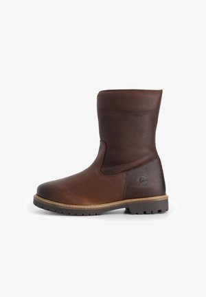 Mid-calf brown leather boot with textured upper, smooth lower section, rugged sole, and logo embossed near heel on white background.