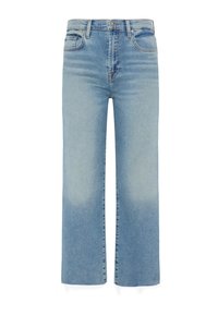 Ljusblå högmidjade jeans i en avslappnad passform, med rak bendesign, blekna detaljer och fransad nederkant.